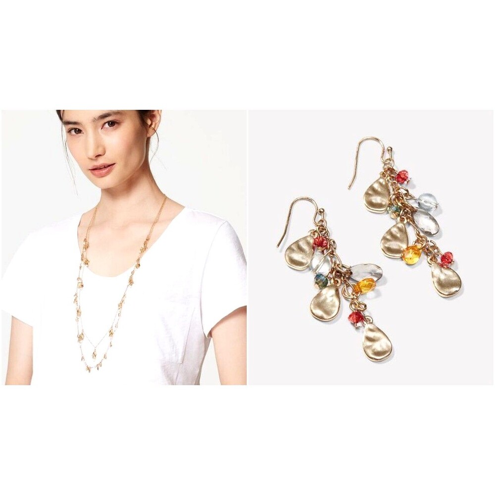 NWT Ann Taylor LOFT  Color Stone Tassel Harvest Drop Earring Necklace SET 2